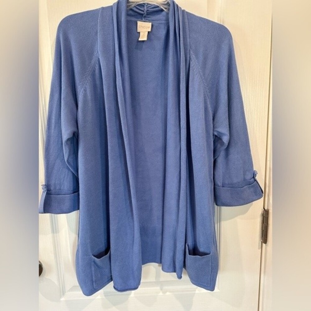 Chico’s Knit Cardigan Open Front With Pockets Blue Size 2